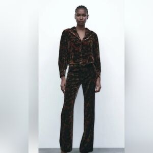 Zara Black Floral Velvet "Charlotte Pant" Wide Leg Sz XXL